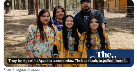 FoaadHaghighi's tweet photo. They took part in #Apache ceremonies. Their schools expelled them for #satanic activities
Educators on the #FortApacheReservation have repeatedly condemned teens for participating in a #SacredDance . It follows a pattern of Christian discipline begun more than a century ago The way the school saw it, it was devil worship. In October 2019, three teenage girls were punished for participating in a spiritual ceremony. Their Arizona school expelled two of them, and let the third off with a warning, citing their attendance as a #violation of school policy and grounds for expulsion.
Continue reading...
#FoRB #Paternalism
https://t.co/fF4RETscWI