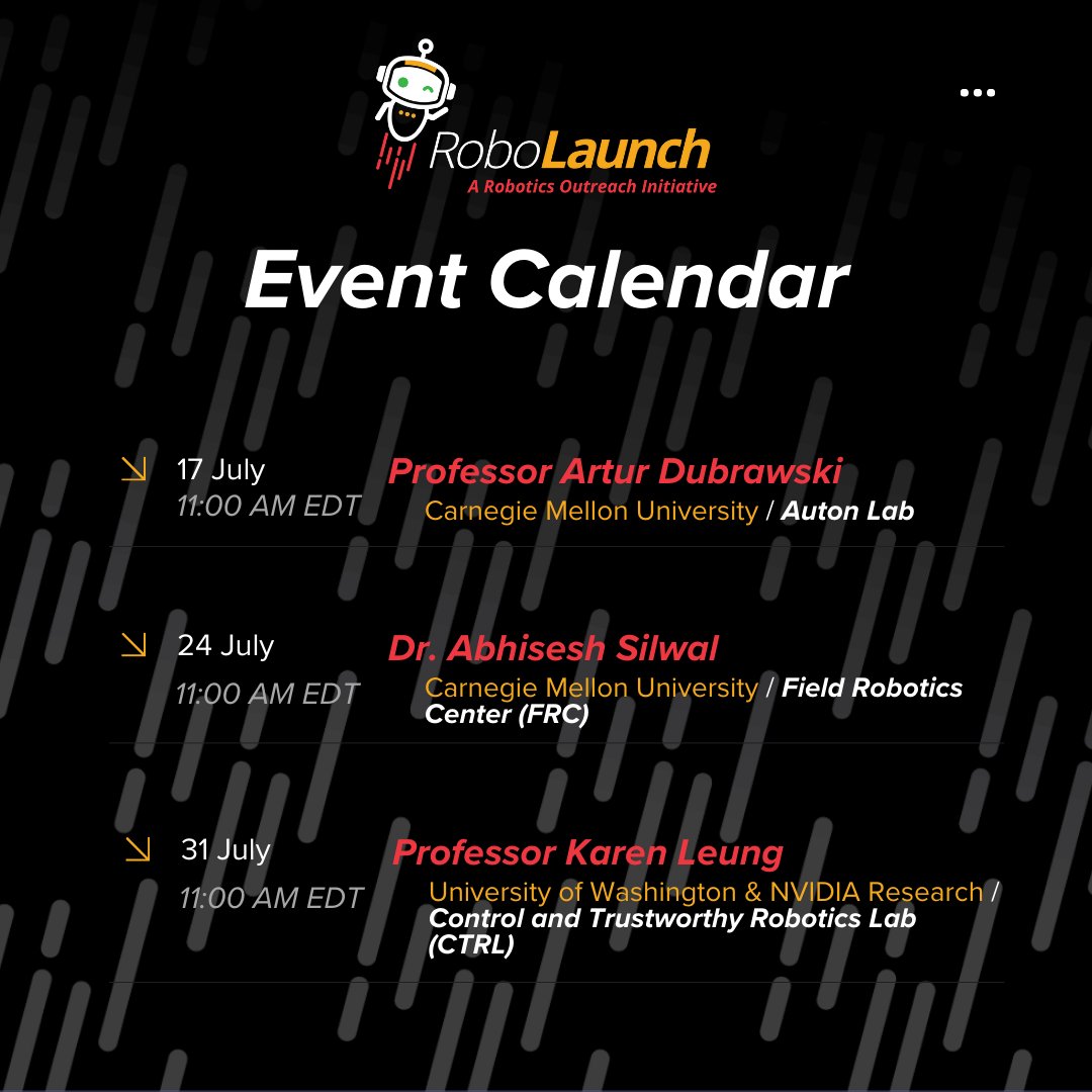 cmu_riss's tweet image. Get ready for the 2024 RoboLaunch kickoff! 🤖
Come explore robotics & AI through inspiring talks with researchers from around the world! 🌎
Learn more about RoboLaunch on our website riss.ri.cmu.edu/robolaunch/ and YouTube Channel: Explore Robotics: Education, Research, & Careers.