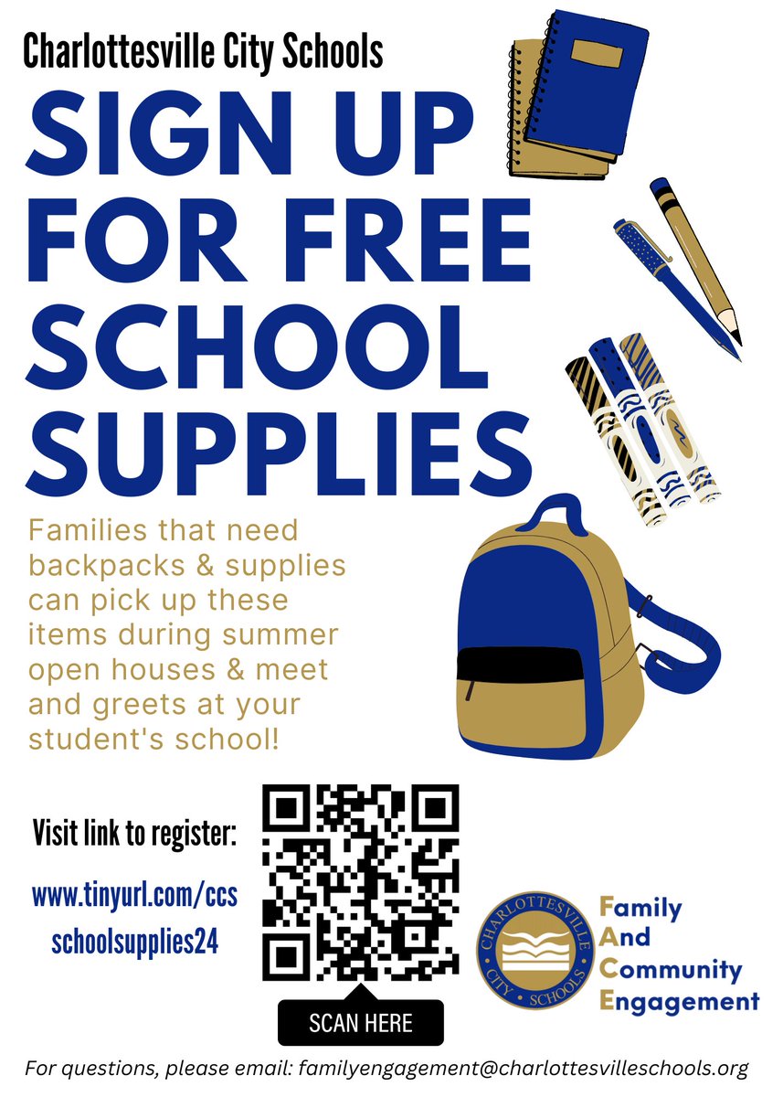 We’re excited to announce that we’re able to provide backpacks and school supplies for students in need for another year!
Forms are now open for families to request assistance with school supplies. Visit charlottesvilleschools.org/schoolsupplies