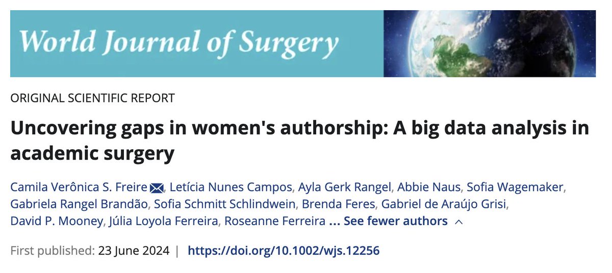 Ayla Gerk (@ayla_gerk) on Twitter photo New <a href="/HarvardPGSSC/">Harvard Global Surgery</a> 🇧🇷📰:
🚺Women are underrepresented in #Academic #Surgery ‼️
📊210,853 citations: Only 23.8% 1st & 14.7% last authors were🚺
⏫3x higher odds of🚺1st author if last is🚺
Proud to work w/ powerful #women promoting equity 🌎 Thank you <a href="/WorldJSurg/">World Journal of Surgery</a>
#GenderEquity New <a href="/HarvardPGSSC/">Harvard Global Surgery</a> 🇧🇷📰:
🚺Women are underrepresented in #Academic #Surgery ‼️
📊210,853 citations: Only 23.8% 1st & 14.7% last authors were🚺
⏫3x higher odds of🚺1st author if last is🚺
Proud to work w/ powerful #women promoting equity 🌎 Thank you <a href="/WorldJSurg/">World Journal of Surgery</a>
#GenderEquity