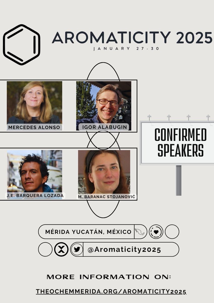 #Aromaticity2025: 40+ experts confirmed!

Join us for an unforgettable event featuring experts like 

Mercedes Alonso
Igor Alabugin <a href="/IAlabugin/">Igor Alabugin</a>
Jorge Barquera-Lozada
Marija Baranac-Stojanović 

Registration info and the full list of speakers
theochemmerida.org/aromaticity2025