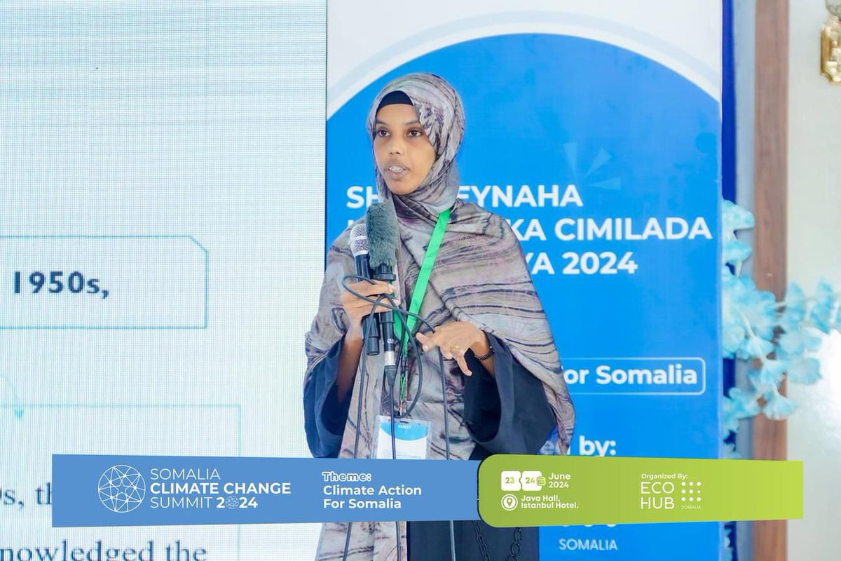 SomaliaClimate's tweet photo. Climate activist  &amp; member of the Somali Women in Environment and Climate Change org (@Somwecc) Najma Khalif  electrified #SCCS2024 Day 2 with her COP28 experiences. She challenged Somali youth to step up &amp; drive climate solutions for their nation.
#ClimateAction #Somalia https://t.co/jB3OWgxHYC