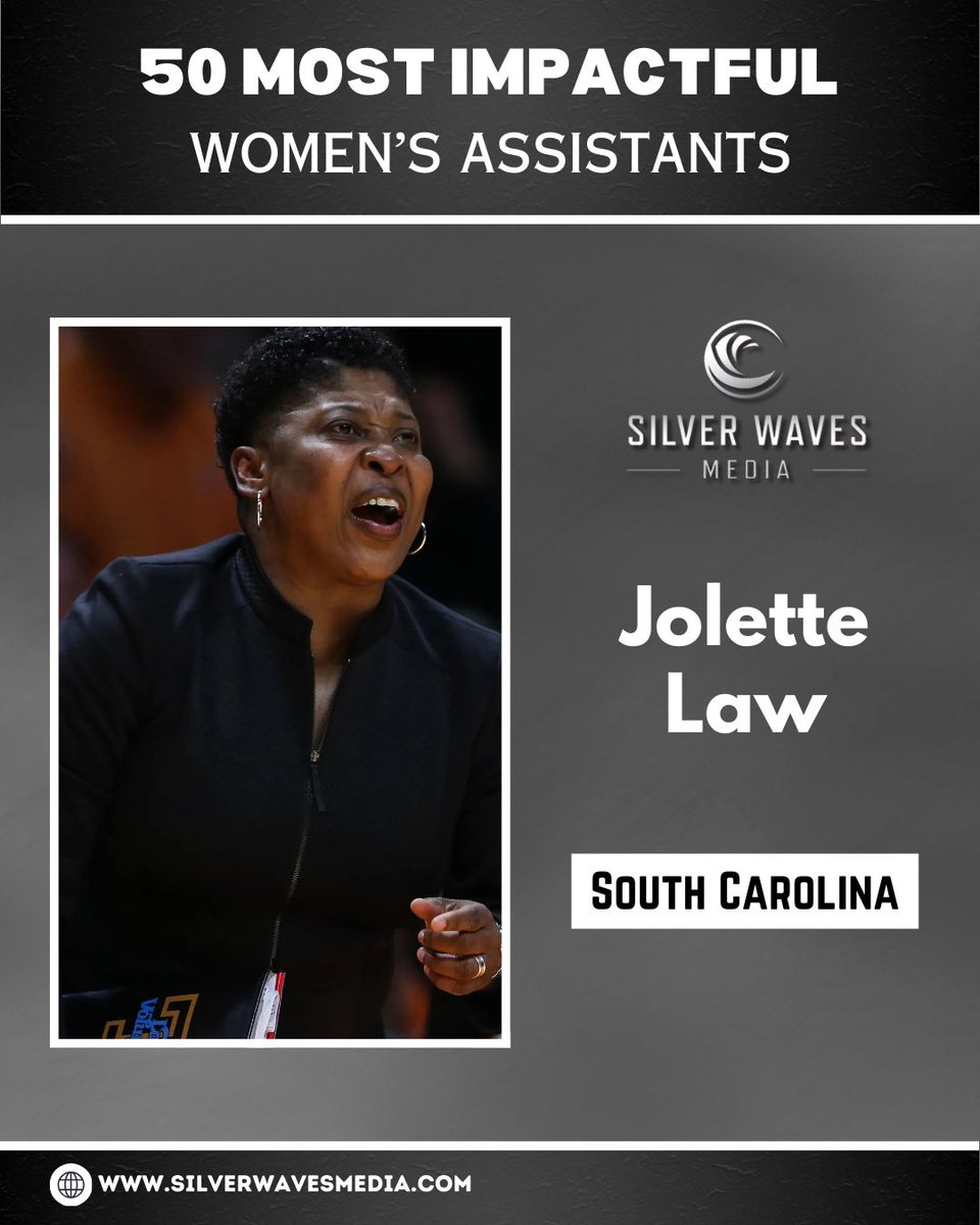 Silver Waves Media (@silverwavemedia) on Twitter photo <a href="/CoachAliSanders/">Ali Sanders</a> <a href="/HarvardWBB/">Harvard Women's Basketball</a> <a href="/harvardcrimson/">Harvard Athletics</a> <a href="/Harvard/">Harvard University</a> <a href="/ALfasnacht/">Allyson Fasnacht</a> <a href="/SUUWBasketball/">SUU Women’s Basketball</a> <a href="/SUUThunderbirds/">SUU Thunderbirds ⚡️</a> <a href="/SUUtbirds/">Southern Utah University</a> <a href="/WordIzzBond/">Alysiah Bond</a> <a href="/UVAWomensHoops/">Virginia Women's Basketball</a> <a href="/VirginiaSports/">Virginia Cavaliers</a> <a href="/UVA/">UVA</a> <a href="/Coach_Amy_Starr/">Amy Starr</a> <a href="/Pacific_Hoops/">Pacific Women's Hoops</a> <a href="/PacificTigers/">Pacific Athletics</a> <a href="/UOPacific/">University of the Pacific</a> @anh_daoTtran <a href="/DartmouthWBB/">Dartmouth Women's Basketball</a> <a href="/dartmouthsports/">Dartmouth Athletics</a> <a href="/dartmouth/">Dartmouth 🌲</a> <a href="/CoachAGHoward/">Anita P. Howard</a> <a href="/HailStateWBK/">Mississippi State Women's Basketball</a> <a href="/HailState/">Mississippi State Athletics</a> <a href="/msstate/">Mississippi State</a> <a href="/CoachArob13/">CoachArob</a> <a href="/PennWBB/">Penn Women's Basketball</a> <a href="/pennathletics/">Penn Quakers</a> <a href="/Penn/">Penn</a> <a href="/coachbethburns/">Beth Burns</a> <a href="/USCWBB/">USC Women's Basketball</a> <a href="/USC_Athletics/">USC Trojans</a> <a href="/CoachBobStarkey/">Bob Starkey</a> <a href="/LSUwbkb/">LSU Women's Basketball</a> <a href="/LSU/">LSU</a> <a href="/LSUsports/">LSU Tigers</a> <a href="/WBBCoachFinch/">Brianna Finch</a> <a href="/TerrierWBB/">BU Women's Basketball</a> <a href="/BUAthletics/">BU Athletics</a> <a href="/BU_Tweets/">Boston University</a> <a href="/br_atkinson/">brooke atkinson</a> <a href="/lmulionswb/">LMU Women's Basketball</a> <a href="/lmulions/">LMU Athletics</a> <a href="/LoyolaMarymount/">Loyola Marymount University</a> <a href="/CoachCamille/">Camille Williams</a> <a href="/WSUCougarWBB/">WSU Cougar Women's 🏀</a> <a href="/WSUCougars/">Washington State Cougars</a> <a href="/C_Finley/">Candice Finley</a> <a href="/Pitt_WBB/">Pitt Basketball</a> <a href="/Pitt_ATHLETICS/">Pitt Panthers</a> Congratulations to Jolette Law of South Carolina on being named to the 50 Most Impactful Women’s Assistants list.
<a href="/LawLaw08/">Jolette Law</a>
silverwavesmedia.com/50-most-impact… <a href="/CoachAliSanders/">Ali Sanders</a> <a href="/HarvardWBB/">Harvard Women's Basketball</a> <a href="/harvardcrimson/">Harvard Athletics</a> <a href="/Harvard/">Harvard University</a> <a href="/ALfasnacht/">Allyson Fasnacht</a> <a href="/SUUWBasketball/">SUU Women’s Basketball</a> <a href="/SUUThunderbirds/">SUU Thunderbirds ⚡️</a> <a href="/SUUtbirds/">Southern Utah University</a> <a href="/WordIzzBond/">Alysiah Bond</a> <a href="/UVAWomensHoops/">Virginia Women's Basketball</a> <a href="/VirginiaSports/">Virginia Cavaliers</a> <a href="/UVA/">UVA</a> <a href="/Coach_Amy_Starr/">Amy Starr</a> <a href="/Pacific_Hoops/">Pacific Women's Hoops</a> <a href="/PacificTigers/">Pacific Athletics</a> <a href="/UOPacific/">University of the Pacific</a> @anh_daoTtran <a href="/DartmouthWBB/">Dartmouth Women's Basketball</a> <a href="/dartmouthsports/">Dartmouth Athletics</a> <a href="/dartmouth/">Dartmouth 🌲</a> <a href="/CoachAGHoward/">Anita P. Howard</a> <a href="/HailStateWBK/">Mississippi State Women's Basketball</a> <a href="/HailState/">Mississippi State Athletics</a> <a href="/msstate/">Mississippi State</a> <a href="/CoachArob13/">CoachArob</a> <a href="/PennWBB/">Penn Women's Basketball</a> <a href="/pennathletics/">Penn Quakers</a> <a href="/Penn/">Penn</a> <a href="/coachbethburns/">Beth Burns</a> <a href="/USCWBB/">USC Women's Basketball</a> <a href="/USC_Athletics/">USC Trojans</a> <a href="/CoachBobStarkey/">Bob Starkey</a> <a href="/LSUwbkb/">LSU Women's Basketball</a> <a href="/LSU/">LSU</a> <a href="/LSUsports/">LSU Tigers</a> <a href="/WBBCoachFinch/">Brianna Finch</a> <a href="/TerrierWBB/">BU Women's Basketball</a> <a href="/BUAthletics/">BU Athletics</a> <a href="/BU_Tweets/">Boston University</a> <a href="/br_atkinson/">brooke atkinson</a> <a href="/lmulionswb/">LMU Women's Basketball</a> <a href="/lmulions/">LMU Athletics</a> <a href="/LoyolaMarymount/">Loyola Marymount University</a> <a href="/CoachCamille/">Camille Williams</a> <a href="/WSUCougarWBB/">WSU Cougar Women's 🏀</a> <a href="/WSUCougars/">Washington State Cougars</a> <a href="/C_Finley/">Candice Finley</a> <a href="/Pitt_WBB/">Pitt Basketball</a> <a href="/Pitt_ATHLETICS/">Pitt Panthers</a> Congratulations to Jolette Law of South Carolina on being named to the 50 Most Impactful Women’s Assistants list.
<a href="/LawLaw08/">Jolette Law</a>
silverwavesmedia.com/50-most-impact…