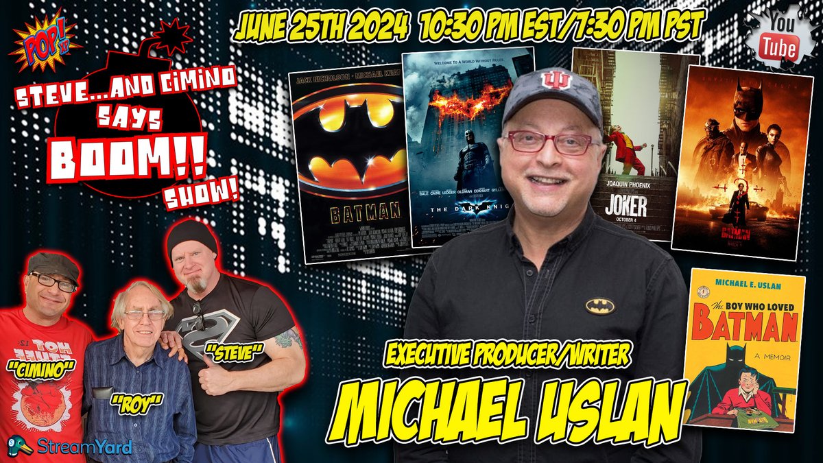 Tomorrow Night at 10:30 PM EST we are going LIVE with <a href="/MichaelUslan/">Michael Uslan</a>!!

Michael Uslan is the Originator and Executive Producer of the Batman movie franchise from 1989’s revolutionary “BATMAN,” through “The Dark Knight Trilogy,” to the upcoming  “JOKER: FOLIE A DEUX” and “THE