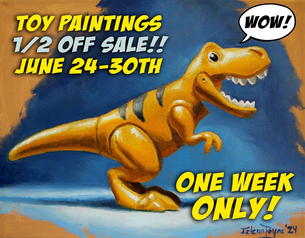 My 1/2 OFF SALE starts today on my Toy oil paintings. All are originals painted on linen. See the comments for entire listing. Discount ends June 30th. I want to get these to good homes so everything is 50% or best offer, for one week only. #oilpainting #toyart #popculture #art