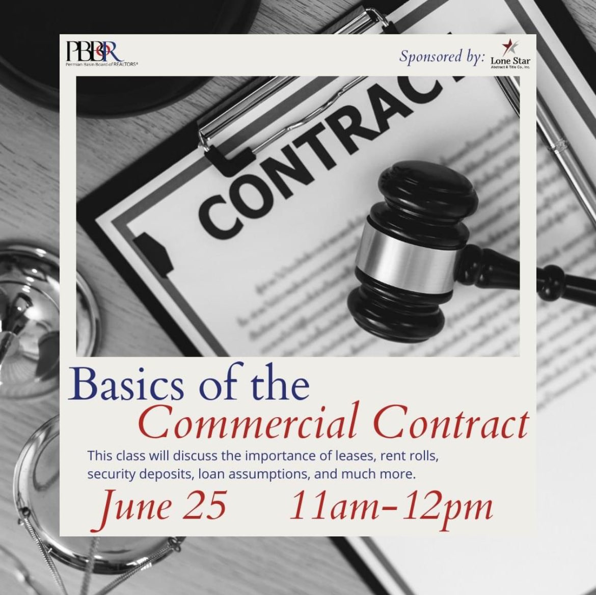 AbstractLone's tweet image. Join us tomorrow, June 25, 11am at the @PBBORtx “The Basics of the Commercial Contract.” A deep dive into the TAR-1801 Commercial Contract. Register via Navica. 

TREC Course No. 43979
1 hour CE Credit 
Shared Success Provider No. 10496