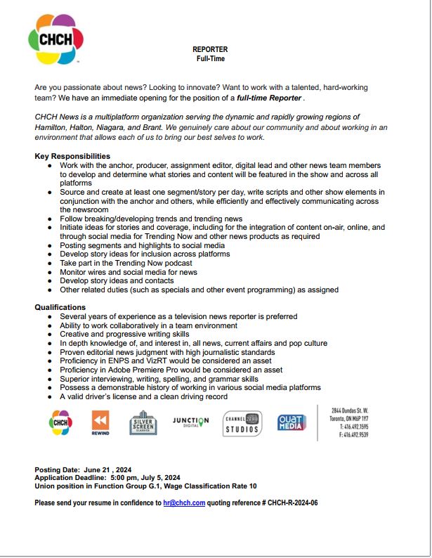 gregobr's tweet photo. We're looking for a FT reporter at @CHCHNews https://t.co/K3Zpe2nzOU