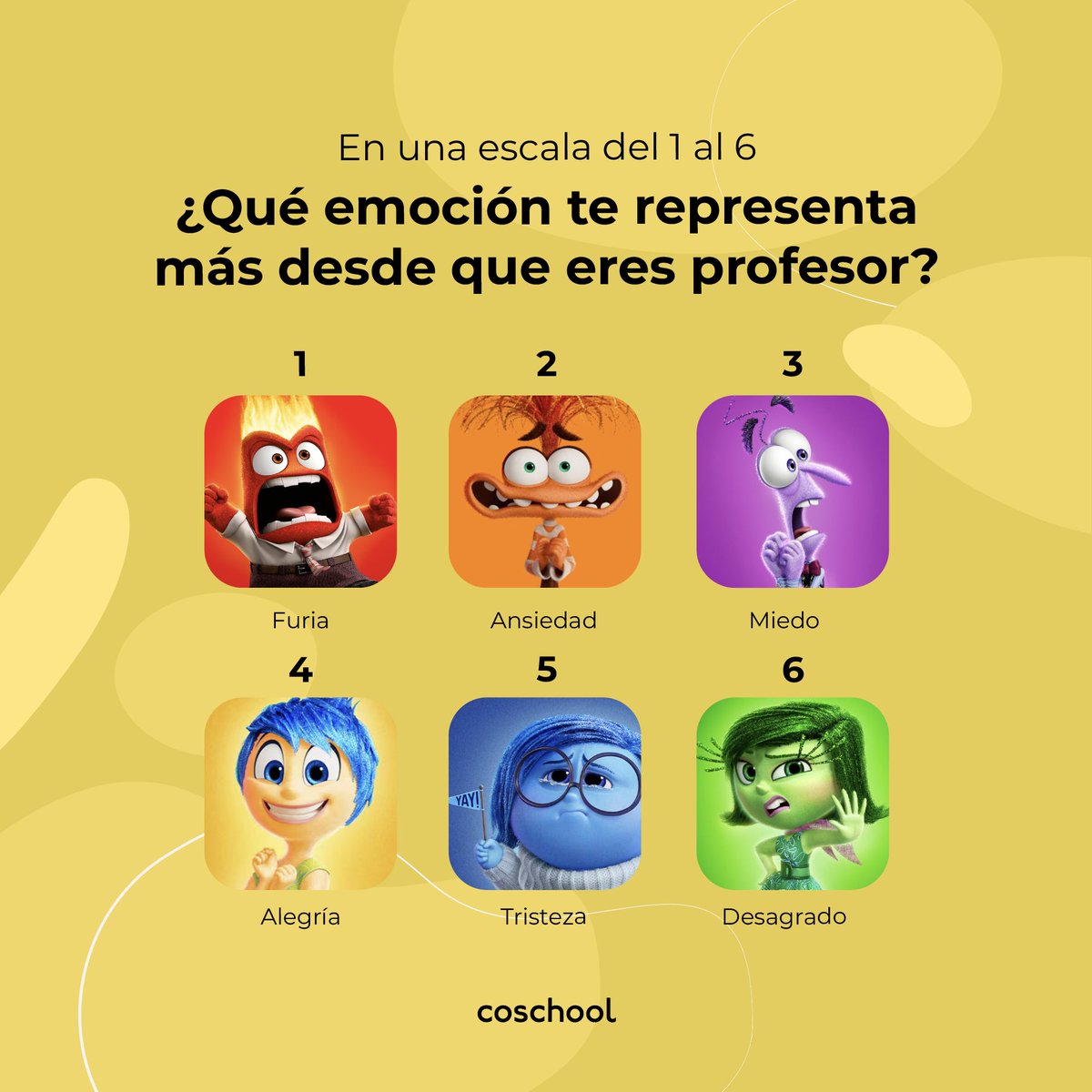 ¡Profe! ¿Cuál de estas emociones de Intensamente te representa desde que eres docente? 👩‍🏫👨‍🏫

Comenta un número del 1️⃣ al 6️⃣ y comparte tu historia con nosotros. ¡Queremos escuchar tus experiencias! 🙌