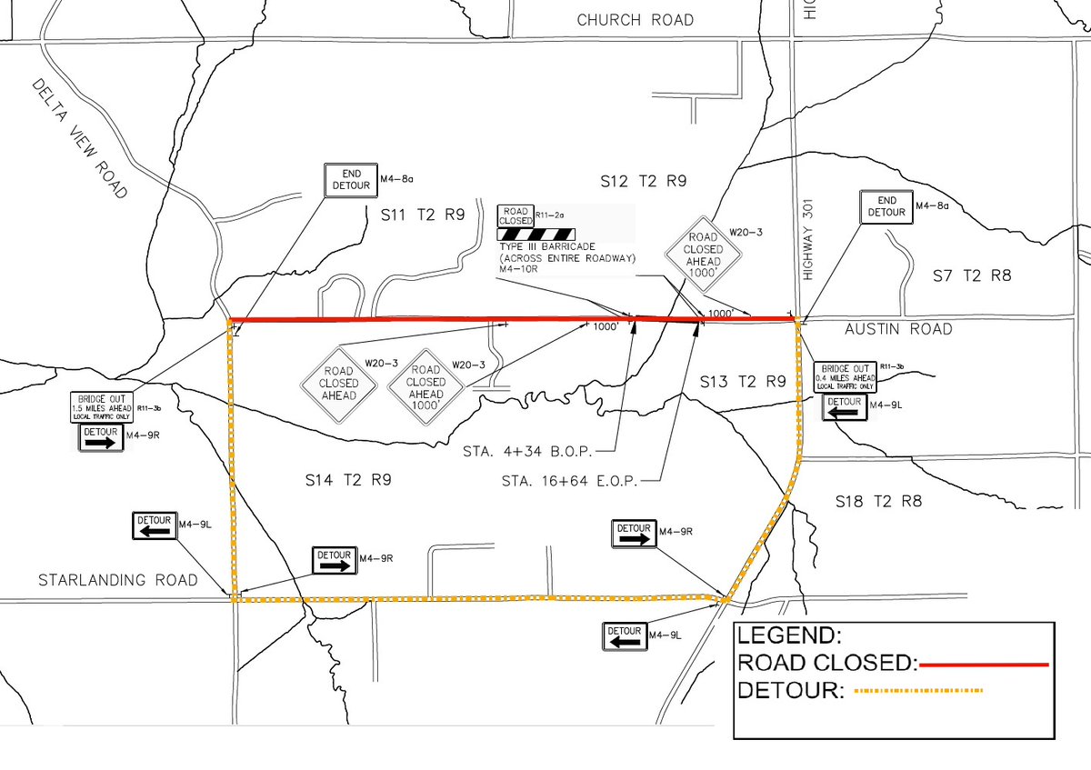 ROAD CLOSURE ALERT: Starting Monday, June 24th - Austin Road will be closed between Hwy 301 and Delta View for bridge replacement. It is expected to be closed for approximately 120 days.

Detour is highlighted in yellow. We apologize for any inconvenience.