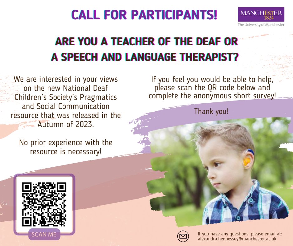 📢Dear #TeacheroftheDeaf &amp; #SpeechLanguageTherapist!

We need your opinions on #NDCS's resource on pragmatics and social communication of #deafchildren 
 
Please take the survey by clicking on the following link:

qualtrics.manchester.ac.uk/jfe/form/SV_7T… 

or scanning the QR code 👇

Thank you!