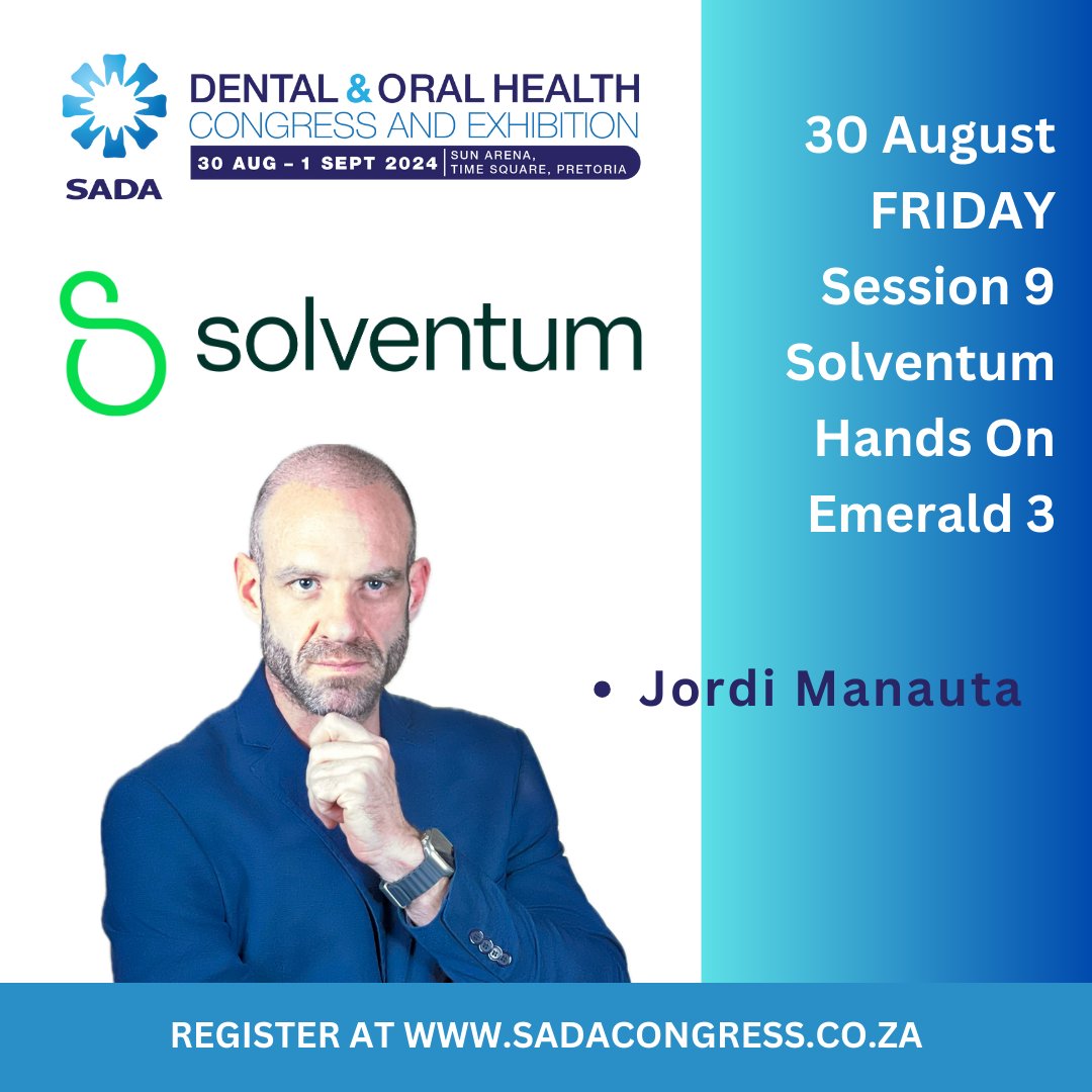 SADentalAssoc's tweet photo. We invite you to join the @SolventumDental Hands On Emerald 3 Session on Friday 30 August with @pmanauta  at #sadacongress24. 

Register here: https://t.co/IphGHb8m1y https://t.co/B17RLXVBlq