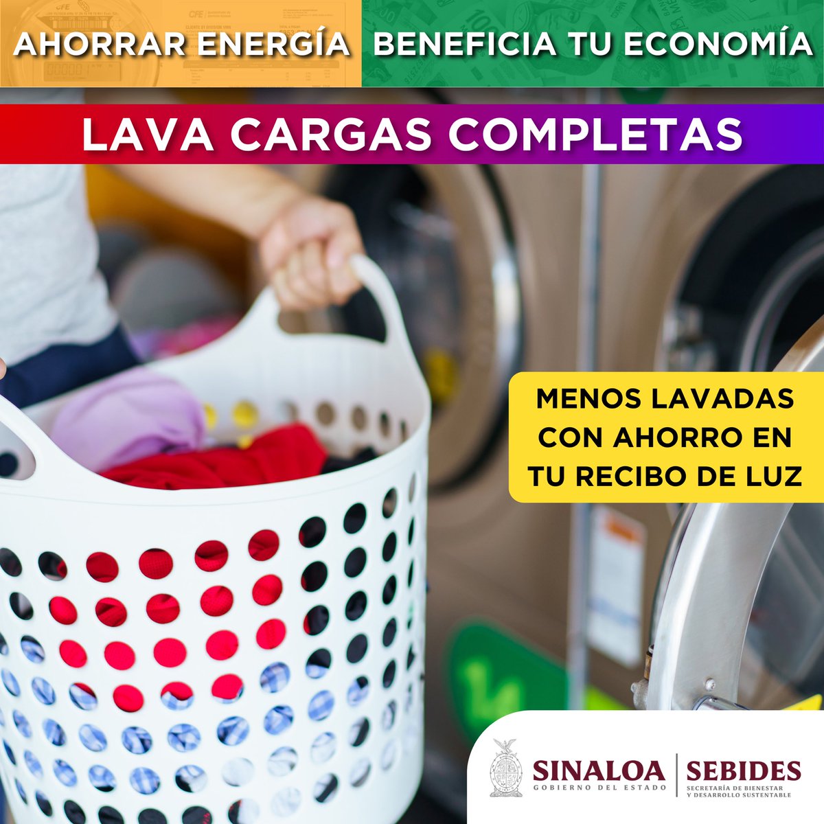 Lavar cargas completas de ropa ayuda a reducir el número de sesiones de lavado por mes, consumiendo menos agua y generando ahorros en el recibo de luz.

Porque Ahorrar Energía, Beneficia tu Economía.

#AhorrarEnergíaBeneficiaTuEconomía
#SustentabilidadConSentidoSocial