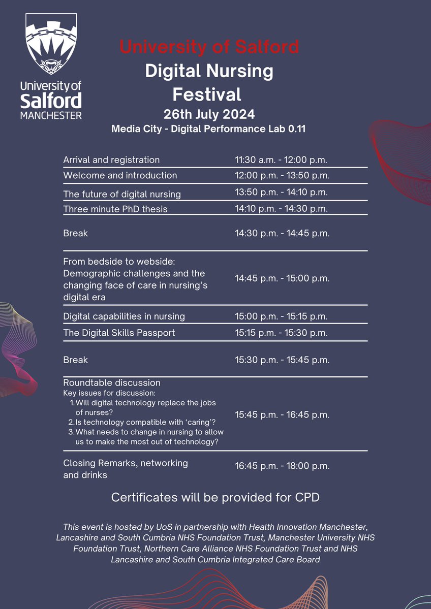 Matthew Wynn (@matthewwynn96) on Twitter photo Join us for our FREE Digital Nursing Festival next month with our partners! <a href="/MFTnhs/">MFT NHS</a>
<a href="/NCAlliance_NHS/">Northern Care Alliance NHS Foundation Trust (NCA)</a>
<a href="/HealthInnovMcr/">Health Innovation Manchester</a>
<a href="/WeAreLSCFT/">Lancashire & South Cumbria NHS Foundation Trust</a>
We will be presenting new research and hosting discussion about some hot topics in digital technology and nursing 😎
Book via:
eventbrite.com/e/university-o… Join us for our FREE Digital Nursing Festival next month with our partners! <a href="/MFTnhs/">MFT NHS</a>
<a href="/NCAlliance_NHS/">Northern Care Alliance NHS Foundation Trust (NCA)</a>
<a href="/HealthInnovMcr/">Health Innovation Manchester</a>
<a href="/WeAreLSCFT/">Lancashire & South Cumbria NHS Foundation Trust</a>
We will be presenting new research and hosting discussion about some hot topics in digital technology and nursing 😎
Book via:
eventbrite.com/e/university-o…