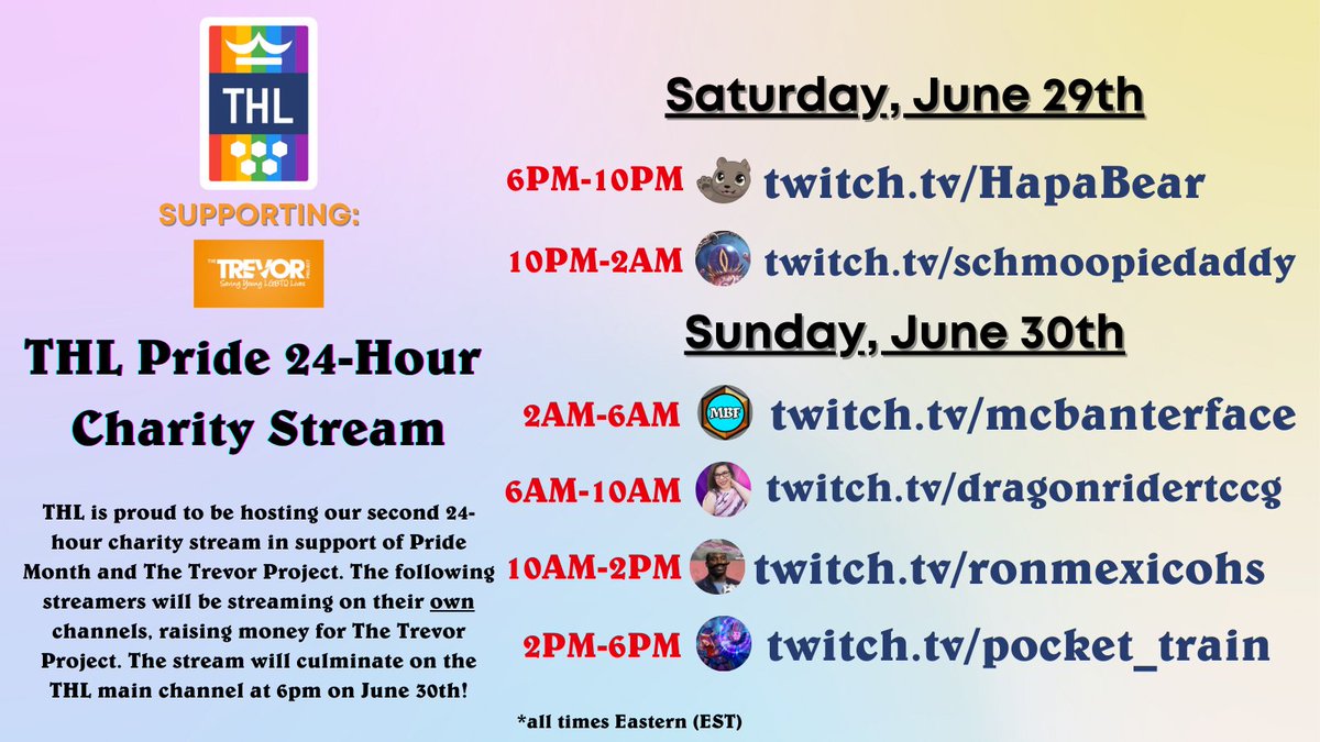 THL_HS's tweet image. The THL Pride 24-Hour Charity Stream in support of the Trevor Project is back again this year! We have an exciting lineup of streamers ready to raise some money for a good cause. Last year we raised a little over $1,700 and this year we're hoping to raise more! See you Saturday!
