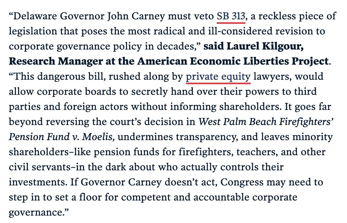 econliberties's tweet photo. "This dangerous bill, rushed along by private equity lawyers, would allow corporate boards to secretly hand over their powers to third parties and foreign actors without informing shareholders."
@BalanceCrafting calls on @JohnCarneyDE to veto DE #SB313.
https://t.co/wLE6SPhM8j https://t.co/ueBKSqxY2Y