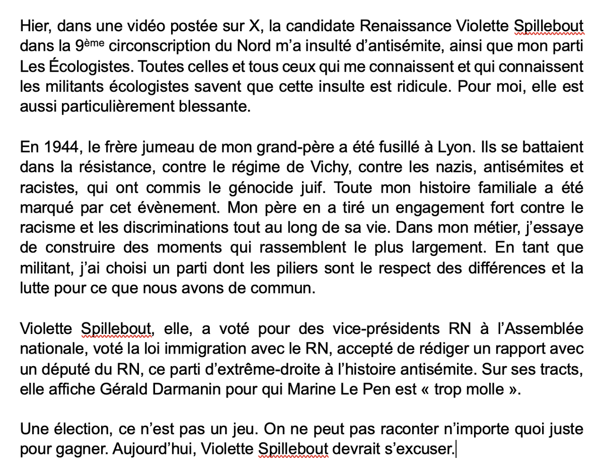 equinchez's tweet photo. Hier @VSpillebout a publié une vidéo insultante pour moi comme pour tous les militants en campagne pour @VidalSagnierO @EELV. Aucun de nous n'est antisémite. Nous ne travaillons pas avec le RN. La campagne devrait se dérouler dans le respect. Vous devriez vous excuser. https://t.co/LV9mMm8Ujb