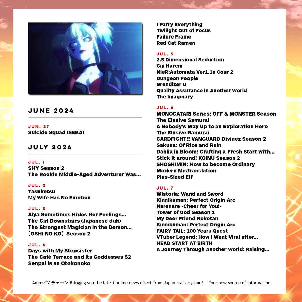 animetv_jp's tweet photo. Summer is the season of making memories! Relax with this beautiful Summer 2024 anime lineup! ☀️

▼ ARE YOU READY? 🌅
https://t.co/0S4yQKnAlw https://t.co/WbAEyivmJ8