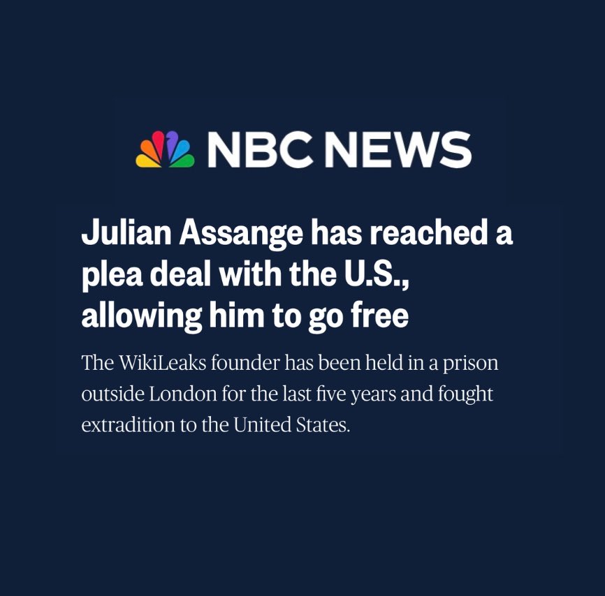 KareemRifai's tweet photo. JUST NOW: Julian Assange has reached a plea deal with the US Justice Department that will allow him to go free. https://t.co/wSqjAjnSWb