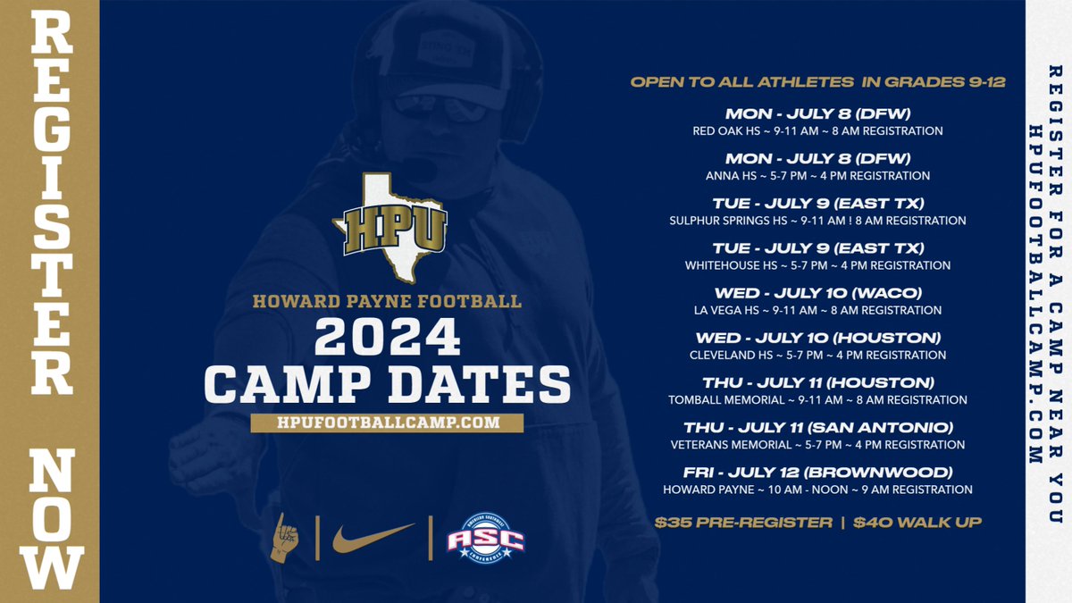hputxfootball's tweet photo. We want to SEE YOU!  Take your skills to the next level &amp; get noticed by attending a Howard Payne Football Camp.  Individualized instruction from the HPU coaches.   Showcase your talent in front of our college coaches. Register Now: https://t.co/IHyDwD1cqq https://t.co/SfrHotfhHc