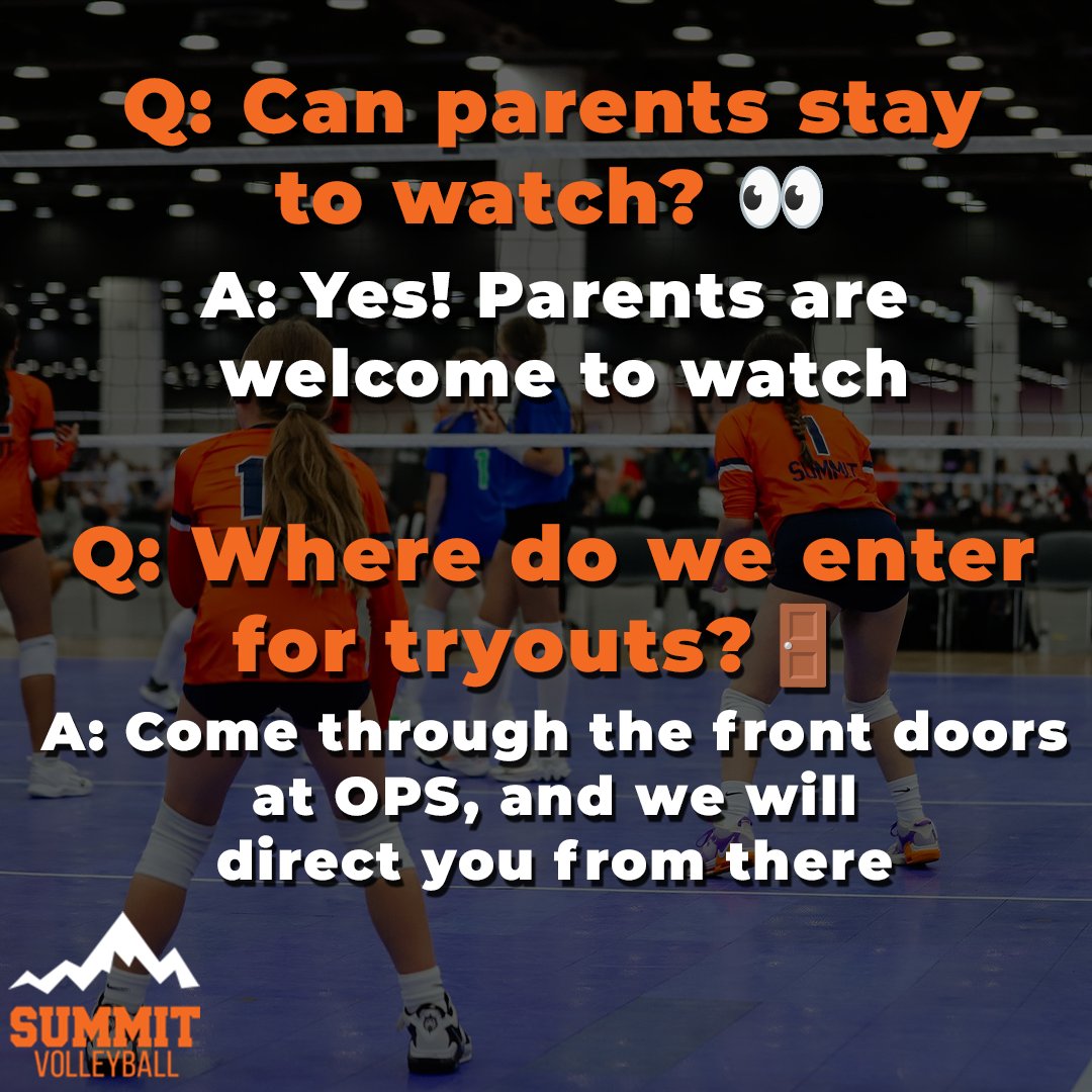 SummitVB_'s tweet image. 𝟯 𝗱𝗮𝘆𝘀 𝘂𝗻𝘁𝗶𝗹 𝘁𝗿𝘆𝗼𝘂𝘁𝘀 𝗯𝗲𝗴𝗶𝗻!
You may have questions ➡️ We have the answers
There is still time to register for tryouts at summitvb.com 🏐