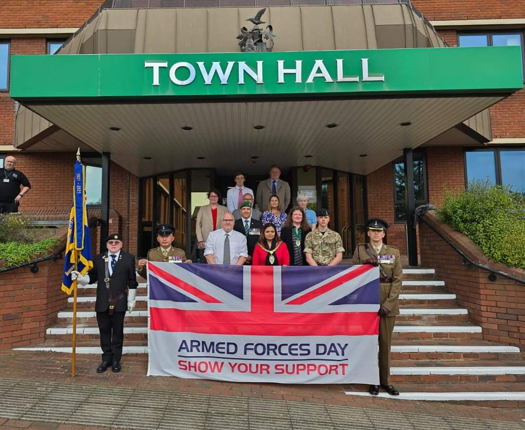 Cllr Juma Begum (@btanzina) on Twitter photo To mark the start of armed forces week. I was joined by councillors, friends, and the 37th signal to raise the armed forces day flag at Redditch town hall.
#armedforcesweek
#thankyouforyourservice
<a href="/billhartnett1/">Bill Hartnett Cllr, North Ward. Redditch</a> <a href="/MagpieMon/">Monica Stringfellow</a> <a href="/JulietBarker/">Juliet Barker</a> To mark the start of armed forces week. I was joined by councillors, friends, and the 37th signal to raise the armed forces day flag at Redditch town hall.
#armedforcesweek
#thankyouforyourservice
<a href="/billhartnett1/">Bill Hartnett Cllr, North Ward. Redditch</a> <a href="/MagpieMon/">Monica Stringfellow</a> <a href="/JulietBarker/">Juliet Barker</a>
