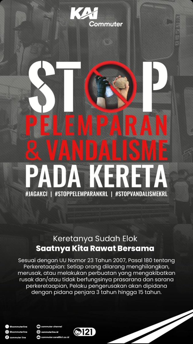 #StopVandalismePadaKereta dengan tidak melakukan aksi pelemparan dan vandalisme yang dapat membahayakan perjalanan Commuterline dan penumpang di dalamnya.

#GayaGenerasiUrban