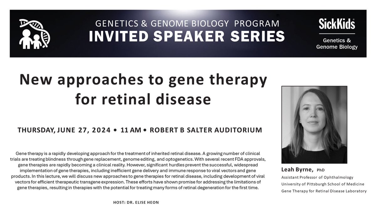 👁️-spy Dr. Leah Byrne from <a href="/PittTweet/">University of Pittsburgh</a> speaking on gene therapy approaches for retinal disease at the PGCRL this Thursday, June 27! Come take a look-see at this talk 👀🧬🔎 <a href="/SickKidsNews/">The Hospital for Sick Children (SickKids)</a>