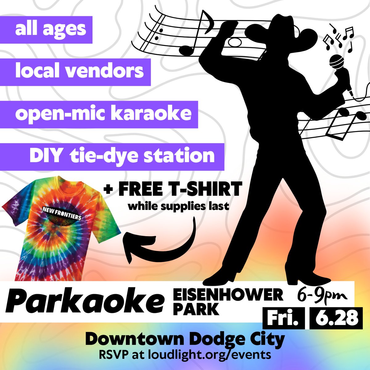 Later this week on Friday, we'll be hosting Parkaoke in downtown Dodge at Eisenhower Park from 6-9pm! Join us for open-mic karaoke, local vendors, a free tie-dye station, and community. We can't wait to see y'all there! RSVP at loudlight.org/events