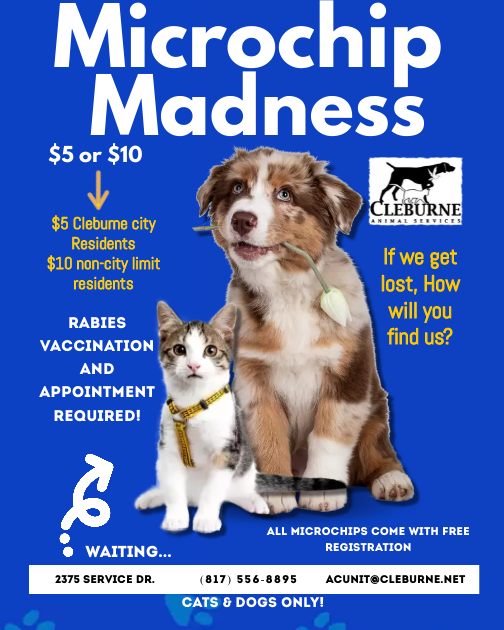 We're still offering $5 microchips (including registration) for Cleburne city residents. It's $10 for non-city residents. You MUST provide current proof of rabies vaccination at the time of service. Please call 817-556-8895 or email acunit@cleburne.net to set up an appointment.