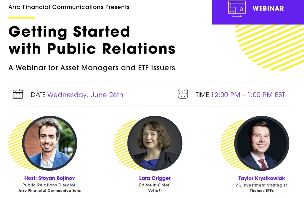 Arro Financial Comm (@arrofincomm) on Twitter photo We're hosting a webinar this Wed 6/26 @ Noon ET! Getting started with #PublicRelations for #ETFs issuers --> Register here: tinyurl.com/3ayjemd6 // tune in for a chat with experts including PR Director <a href="/SBojinov/">Stoyan Bojinov</a> + <a href="/ThemesETFs/">Themes ETFs</a> + <a href="/LaraCrigger/">Lara Crigger</a> Editor-in-Chief of <a href="/Vetta_Fi/">VettaFi</a> We're hosting a webinar this Wed 6/26 @ Noon ET! Getting started with #PublicRelations for #ETFs issuers --> Register here: tinyurl.com/3ayjemd6 // tune in for a chat with experts including PR Director <a href="/SBojinov/">Stoyan Bojinov</a> + <a href="/ThemesETFs/">Themes ETFs</a> + <a href="/LaraCrigger/">Lara Crigger</a> Editor-in-Chief of <a href="/Vetta_Fi/">VettaFi</a>