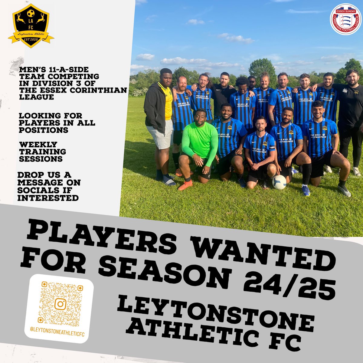 Players wanted for the upcoming 24/25 Season. Having a rebuild so players welcome in all positions. Drop us a message if interested @essexcorinthian <a href="/theplayerfinder/">PlayerFinder</a> @essexcountyfa