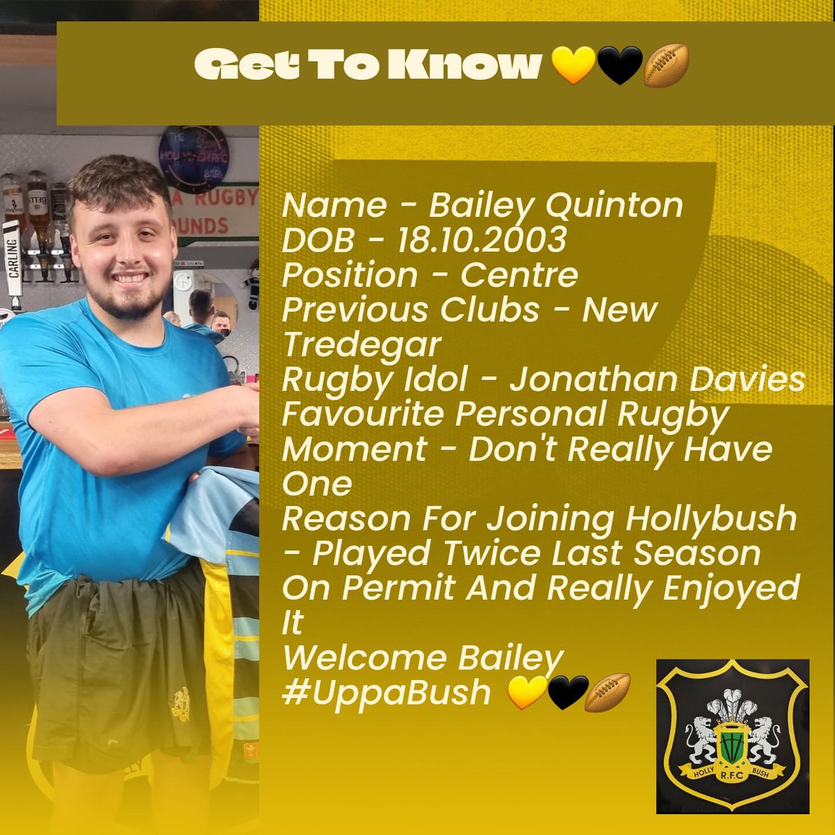 HollybushRugby's tweet photo. Happy Monday bush fans, a double signing announcement from us to kick off the week. We are excited to announce the signings of Bailey Quinton and Harrison Kerby. A pair of dynamic play makers that will both add tremendous skill and inventiveness to our backs

#Upthebush ⚫️🔶 https://t.co/qFtuL3qaPM