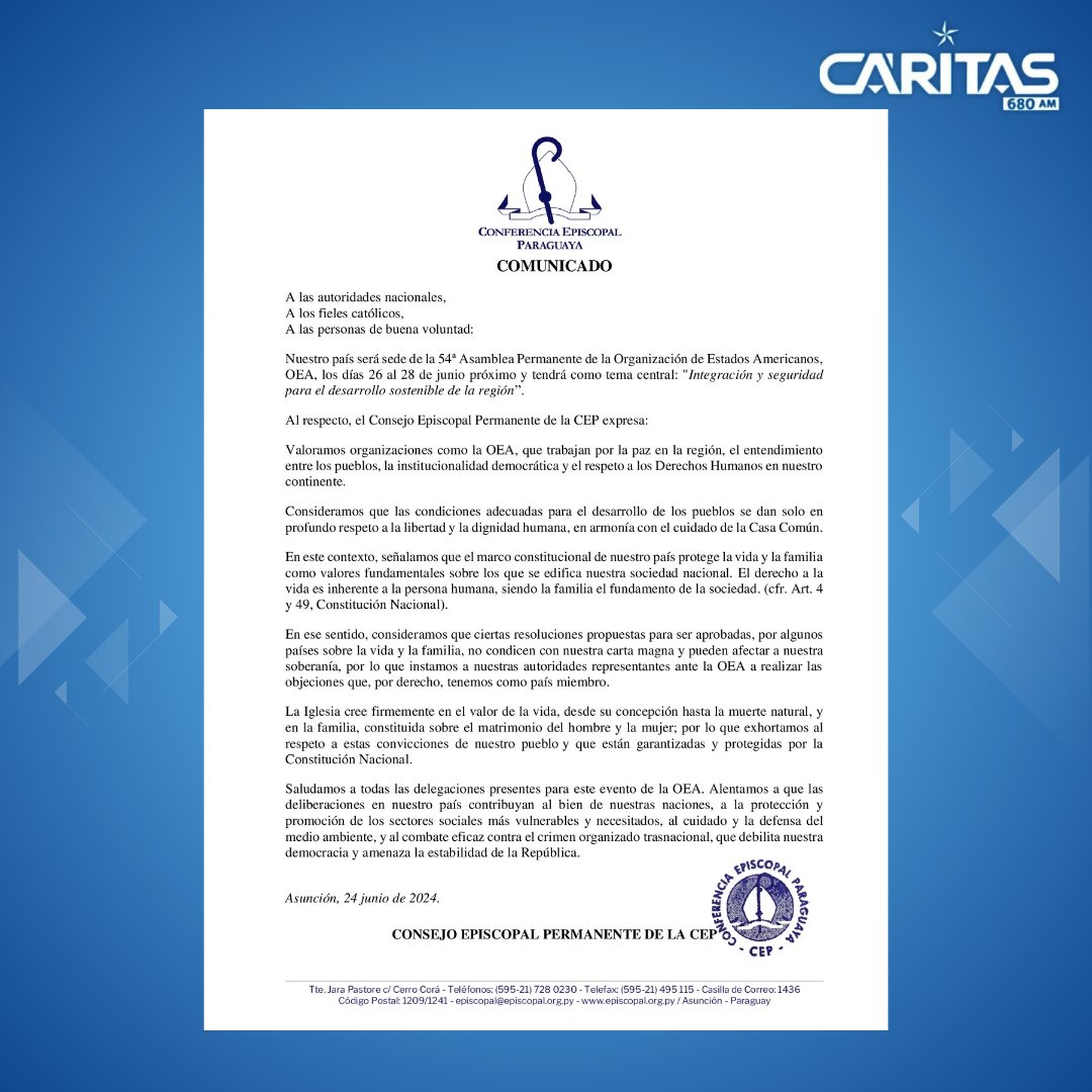 680CARITAS's tweet photo. 🗣️ Comunicado del Consejo Permanente de la Conferencia Episcopal Paraguaya con relación a la 54ª Asamblea Permanente de la Organización de Estados Americanos, OEA. https://t.co/ObcBSCr1Uf