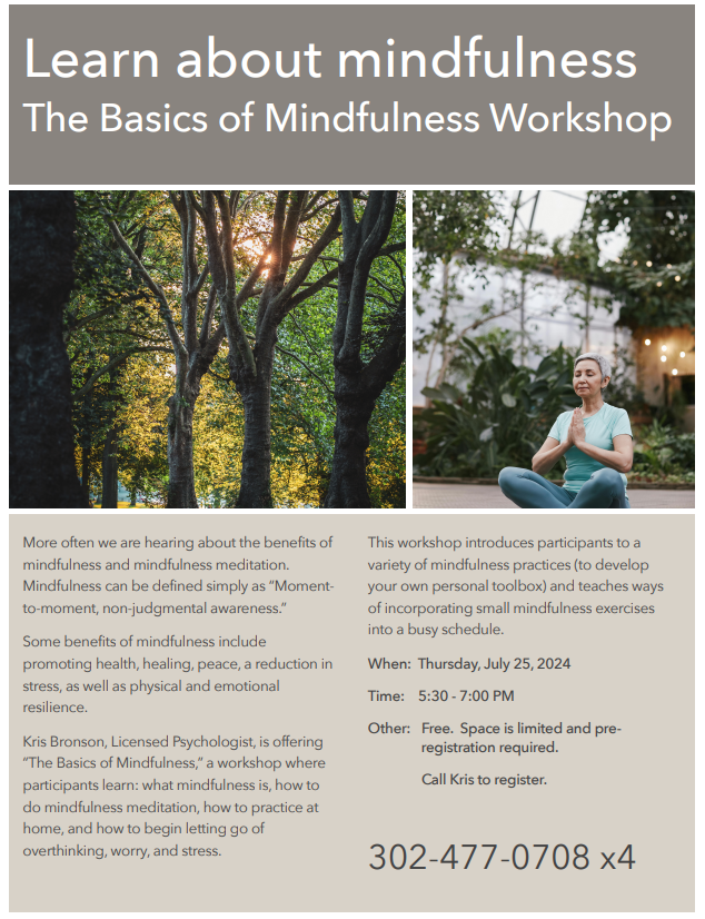 DPADelaware's tweet photo. Come join Kris Bronson's mindfulness workshop being help July 25th, from 5:30-7:00 PM! It is completely free to enter, but seating will be limited so registration is required! https://t.co/6tJ33WtEpn