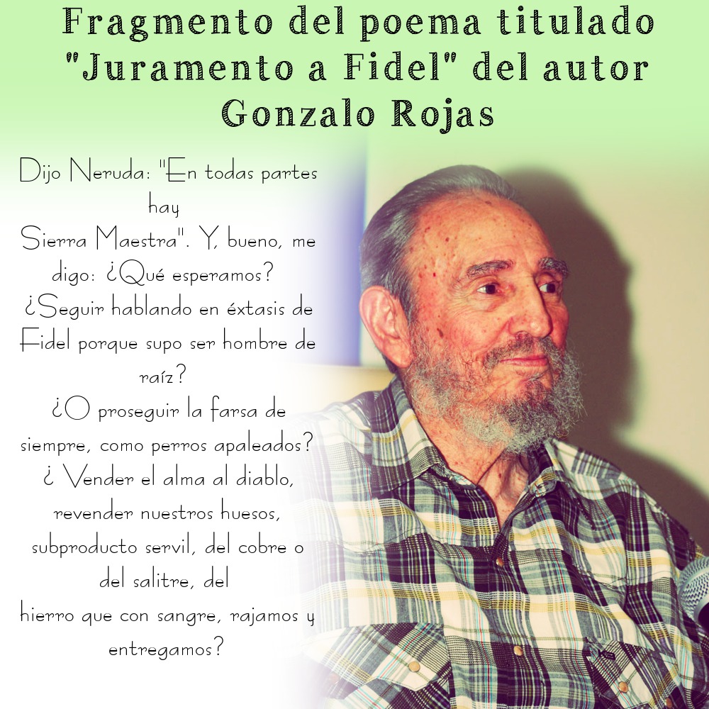 👌Dijo Neruda: "En todas partes hay  Sierra Maestra". Y, bueno, me digo: ¿Qué  esperamos?  ¿Seguir hablando en éxtasis de Fidel porque supo ser hombre de raíz?    

👉Fragmento del poema "Juramento a Fidel", de Gonzalo Rojas

#FidelCastro #RevolucionCubana #SomosCuba