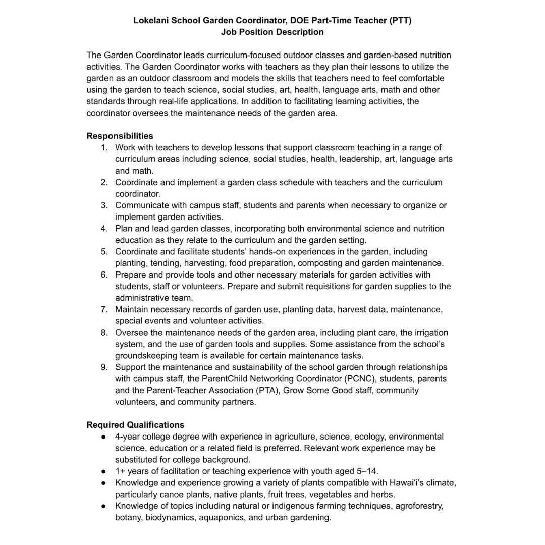 LokelaniInt's tweet photo. Lokelani is looking to hire a Part Time Garden Teacher/Coordinator! Please contact the front office if you are interested. https://t.co/6ZeC1RPN0l