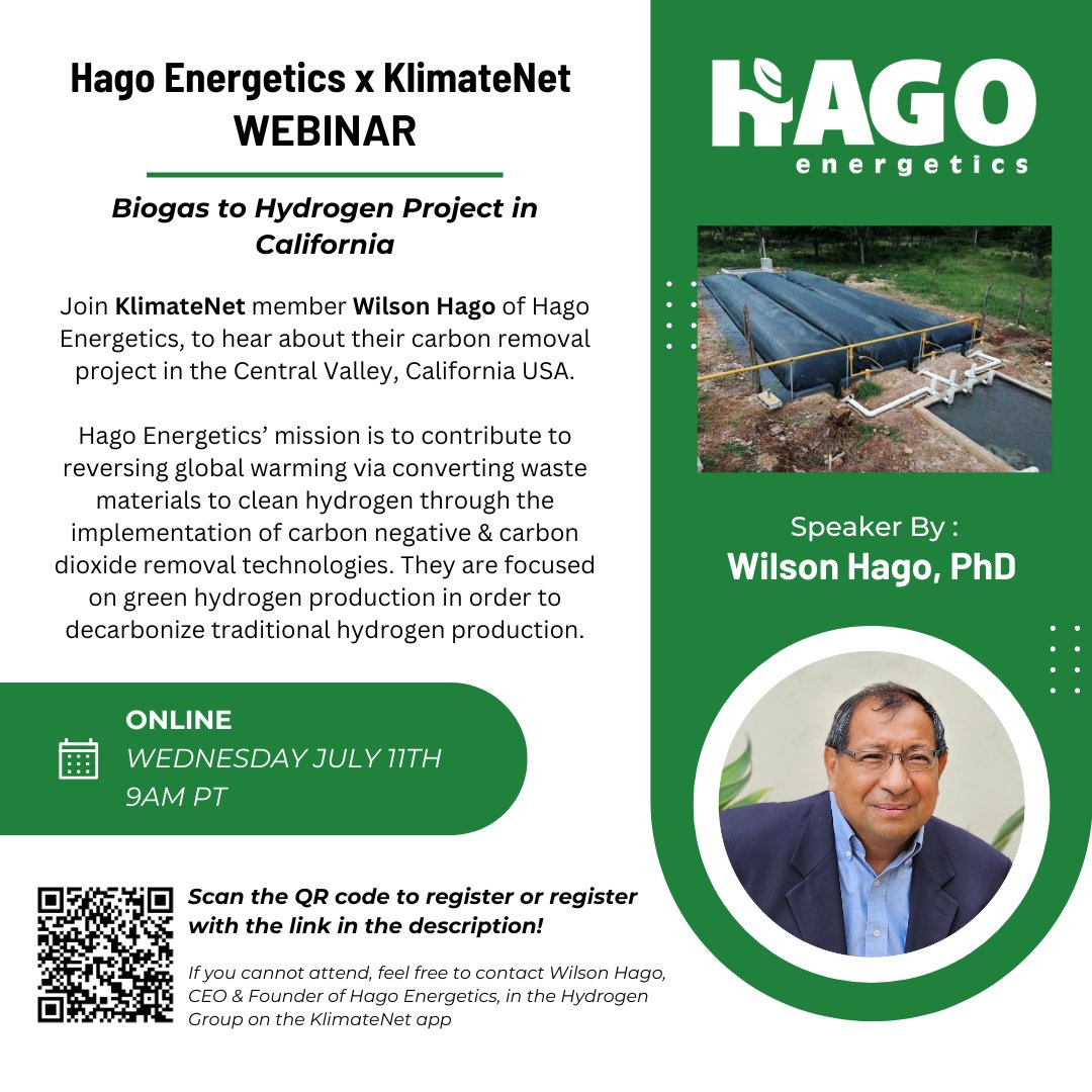 HagoCo2's tweet photo. Join #KlimateNet member Wilson Hago of #HagoEnergetics, to hear about their #carbonremoval project in the Central Valley, California USA 💪💧🌿

Register here today!⬇️
https://t.co/2JrfPDhJgK

#greenhydrogen #hydrogen #greenenergy #climatesolutions #climatechange https://t.co/ZnpDMEDy8Q