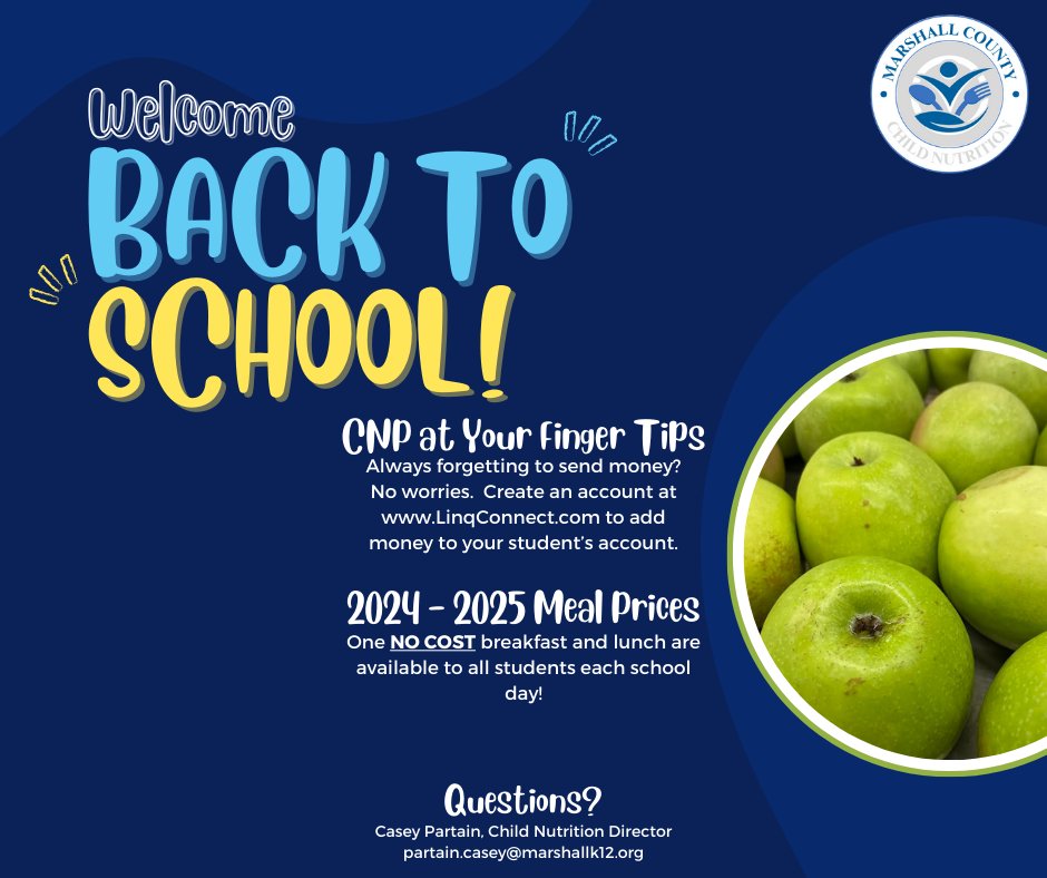 Marshall County School cafeterias are always working to offer healthier &amp; tastier choices. We are committed to providing students nutritious meals with servings of milk, fruits, vegetables, proteins, &amp; grains in a clean and safe environment. Make plans to eat with us this year!