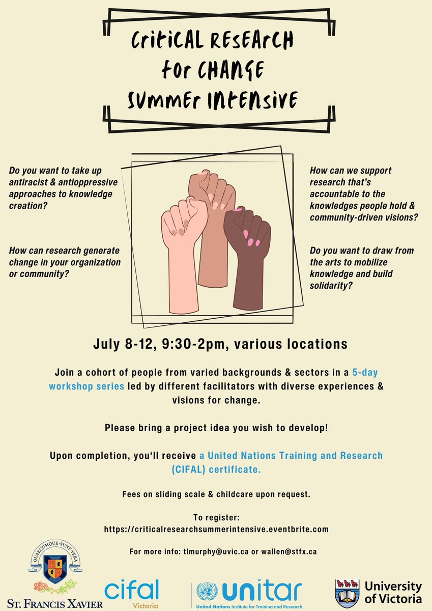 CifalV's tweet photo. 🚨 Don't miss out!🚨 Sign up by June 30 for the "Critical Research for Change" summer program by @CifalV & @stfxuniversity. Learn how to incorporate community-led #antiracist strategies into your own initiatives. Enroll now at https://t.co/oHXXTGJm34 #uvic #CIFAL #UNSDGs #CBPR https://t.co/UnNd4CKzeh