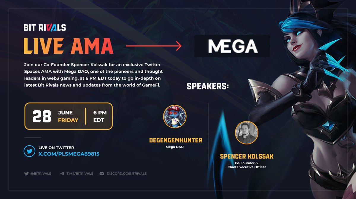 🚨 Join us for an exciting AMA! 🚨

🗣️ Bit Rivals x Mega DAO 🎙️

Speakers:
Spencer Kolssak, Bit Rivals CEO and Co-Founder
<a href="/PLSMEGA89815/">PLSMEGA</a>, Mega Dao

🕕 Time: 6 PM ET
📌 Location: x.com/i/spaces/1BRJj…