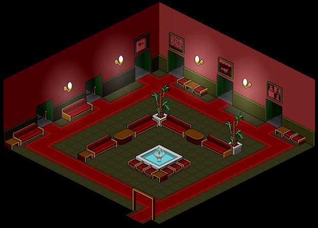 Una pequeña recreación de mi espacio favorito en el Gamehall, donde me gusta estar ahí sentado junto la fuente y ver los habbos ir a los diferentes juegos.