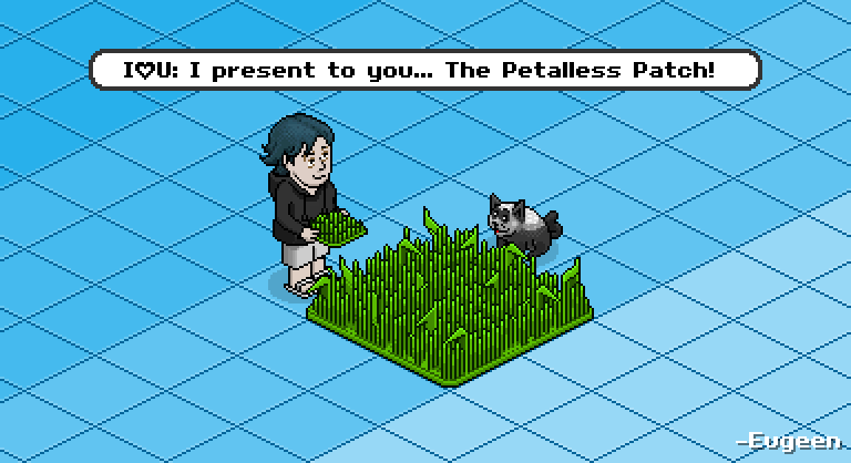 While everyone has been getting very excited over the newly announced rare, Petal Patches. I've been hard at work on my latest invention...

I present to you, <a href="/habbo/">Habbo</a> and everyone else...

The Petalless Patch!

#Habbo #HabboHotel #HabboOrigins #HabboHotelOrigins
