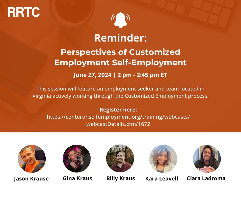 Reminder: 6/27 Webcast (2 pm-2:45 pm ET) Perspectives of Customized Employment Self-Employment

centeronselfemployment.org/.../webcastDet…

The VCU Rehabilitation Research and Training Center (VCU RRTC) is part of the VCU School of Education. #indigenous #disabilities #VCUSOE #VCU #DARS #rehab