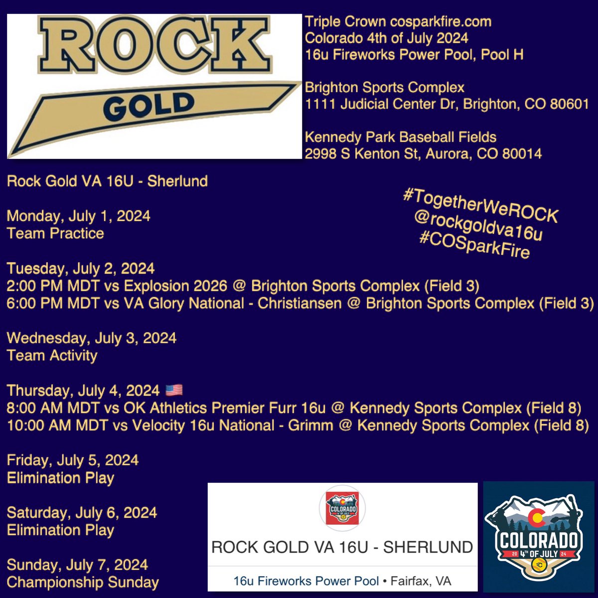 ROCK GOLD VA 16U - Sherlund is headed to the ROCKIES for some #IPlayTCS softball! Ready to ROCK the #COSparkFire “16u Fireworks Power Pool” event July 1-7, 2024! 🤘✈️🇺🇸 Triple Crown Colorado 4th of July, here comes the ROCK show!

#BallOutAllOut
#StandinOnBusiness
#TogetherWeROCK