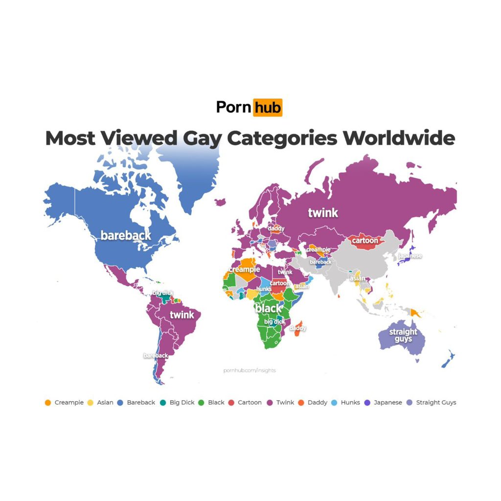 PornHub has released the most viewed categories of gay pornography in each country worldwide. 

"Twink" is the category that has dominated the globe, with more than 10 countries consuming this type of content en masse. 

What category did your country get?
