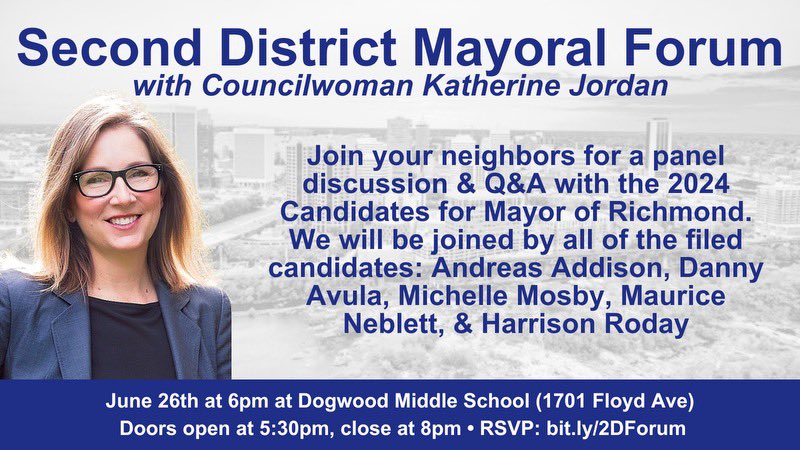 🗳️THIS Wednesday I’m hosting a Mayoral Forum for the 2nd District at Dogwood Middle. Doors open 5:30pm &amp; candidates will have info tables. Program starts at 6pm sharp. Thanks to everyone who submitted q’s!