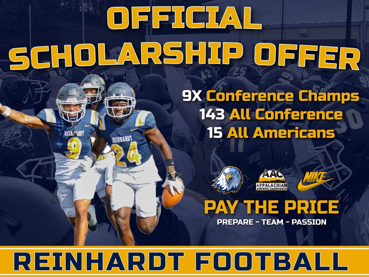 Christian Irwin (@christian_irw24) on Twitter photo After a great phone call with <a href="/CoachLuMorris/">Luis Morris</a> I am blessed to receive my first offer from <a href="/ReinhardtFB/">Reinhardt Football</a>!
<a href="/CoachAdamHolley/">Adam Holley</a> <a href="/CoachCurtis22/">Niagel Curtis</a> <a href="/aspencewharton/">Adam Wharton</a> <a href="/Coach_Berutich/">Justin Berutich</a> <a href="/GrantMyers44/">Grant Myers</a> <a href="/GTtraining101/">Baron D. Smith Jr.</a> <a href="/CoachJLaw/">Jeremy Scott Law</a> <a href="/WarriorsCHS/">CHS Warrior Football</a> <a href="/CoachKRBJr/">Kevin Burnette Jr.</a> <a href="/CoachHennes/">Tyler Hennes</a> <a href="/Coach_JMiller/">James Miller</a>
Go Eagles! After a great phone call with <a href="/CoachLuMorris/">Luis Morris</a> I am blessed to receive my first offer from <a href="/ReinhardtFB/">Reinhardt Football</a>!
<a href="/CoachAdamHolley/">Adam Holley</a> <a href="/CoachCurtis22/">Niagel Curtis</a> <a href="/aspencewharton/">Adam Wharton</a> <a href="/Coach_Berutich/">Justin Berutich</a> <a href="/GrantMyers44/">Grant Myers</a> <a href="/GTtraining101/">Baron D. Smith Jr.</a> <a href="/CoachJLaw/">Jeremy Scott Law</a> <a href="/WarriorsCHS/">CHS Warrior Football</a> <a href="/CoachKRBJr/">Kevin Burnette Jr.</a> <a href="/CoachHennes/">Tyler Hennes</a> <a href="/Coach_JMiller/">James Miller</a>
Go Eagles!