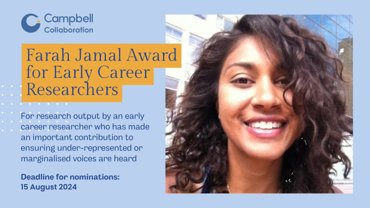 The Campbell Collaboration (@campbellreviews) on Twitter photo Do you know an early career researcher (within seven years of a PhD or equivalent) who deserves to be recognised for scholarly work that ensures marginalised and under-represented voices are heard? Nominations for this Campbell award are open: campbellcollaboration.org/news-and-event… Do you know an early career researcher (within seven years of a PhD or equivalent) who deserves to be recognised for scholarly work that ensures marginalised and under-represented voices are heard? Nominations for this Campbell award are open: campbellcollaboration.org/news-and-event…