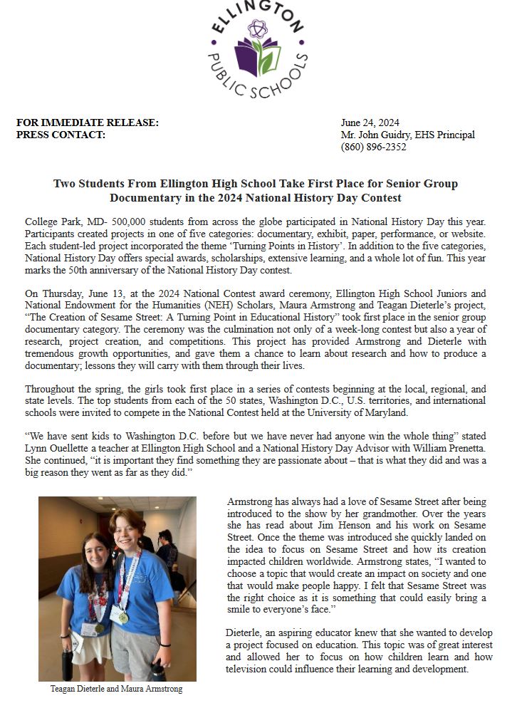 SuperNicol's tweet photo. Amazing accomplishment...Two Students From Ellington High School Take First Place for Senior Group Documentary in the 2024 National History Day Contest https://t.co/OyMxi0QFNq