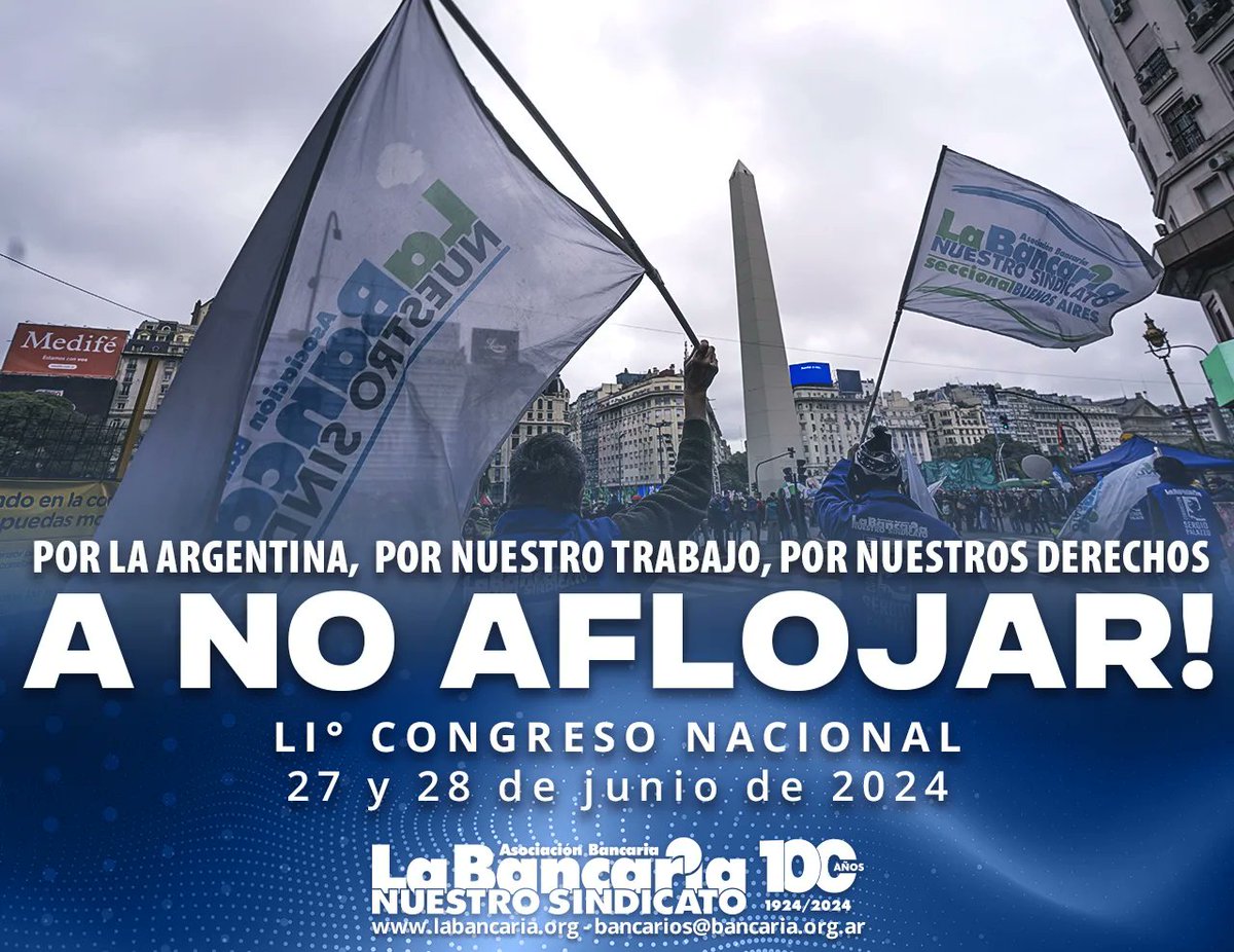 LIº CONGRESO NACIONAL 27 y 28 de junio de 2024.
Por Argentina,por nuestro trabajo,por nuestros derechos A NO AFLOJAR! <a href="/carinamarma/">carina marmanelli 💚</a>  <a href="/FernandoRalGar1/">Fernando R. García</a>  <a href="/FulvMarcelo/">Ferrero Marcelo Fulv</a> Congresales la <a href="/BancariaBahia1/">LA BANCARIA B.BLANCA</a> 
<a href="/SergioOPalazzo/">Sergio Omar Palazzo</a>  Secretario General.
<a href="/juliobellabarba/">Julio</a> <a href="/Amerodriguez27/">America Rodriguez</a> <a href="/meupadin/">M a r í a</a>